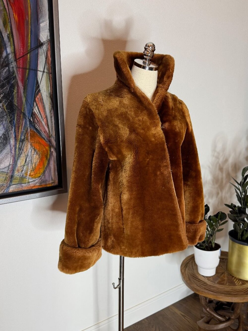 ✨ Vintage Custom Teddy Bear Faux Fur Swing Coat Brown Plush Retro Hip Jacket M/L